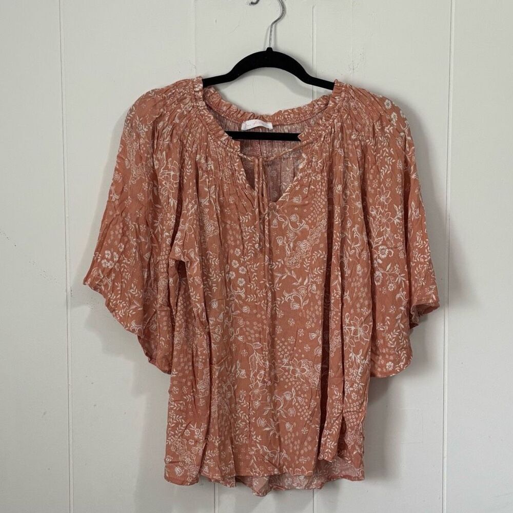 Ces Femme Peach Floral Tie‎ Front Blouse Top Small